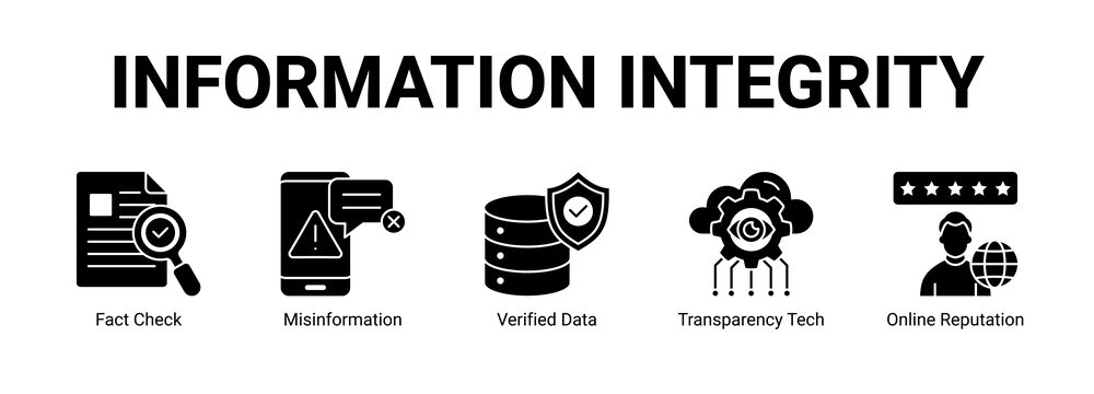 Information Integrity web banner icon concept, with Fact Check, Misinformation, Verified Data, Transparency Tech.