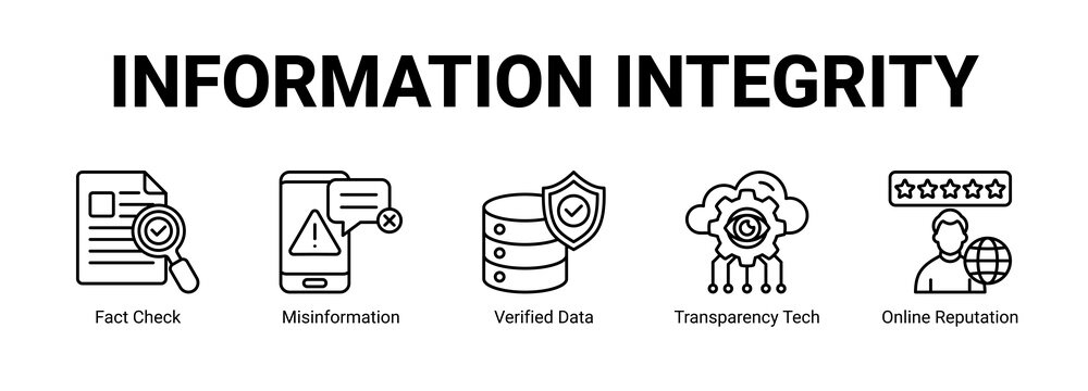 Information Integrity web banner icon concept, with Fact Check, Misinformation, Verified Data, Transparency Tech.