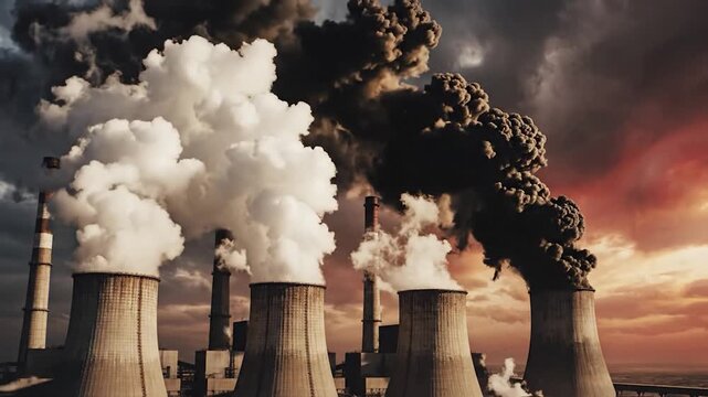 Industrial cooling towers emitting smoke against a dramatic sky