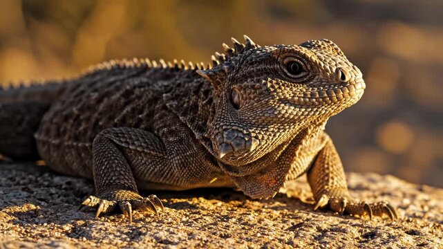 A close-up portrait of a spiky-headed reptile basking in warm sunlight. Its scales are detailed