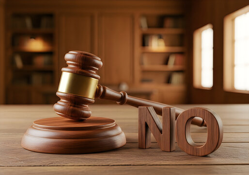 Wooden judge gavel resting on a table with the word no in a law office courtroom setting
