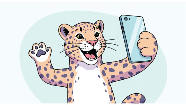 Cartoon leopard holding a smartphone device.