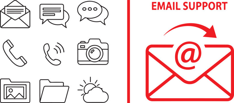 Vector icon set featuring communication and media symbols alongside a prominent red email support graphic. Ideal for customer service interfaces, contact pages, and digital communication design.
