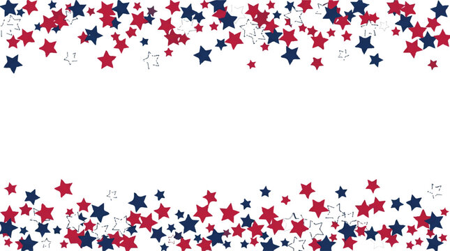 Red, blue, and white star confetti borders, patriotic party decorations, festive vector design elements, celebration backgrounds
