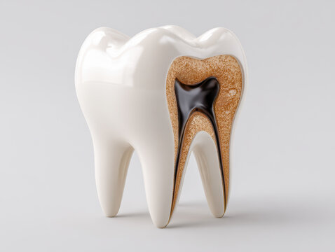 Detailed 3d medical illustration of a tooth with a large dark cavity inside showing the internal structure and dental decay process for educational use