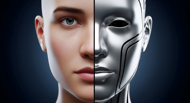 Human and robotic face split screen concept.