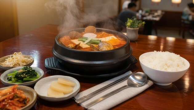 Steaming bowl of sundubu jjigae with banchan and rice. Perfect for korean cuisine menus, food blogs, and restaurant promotions.