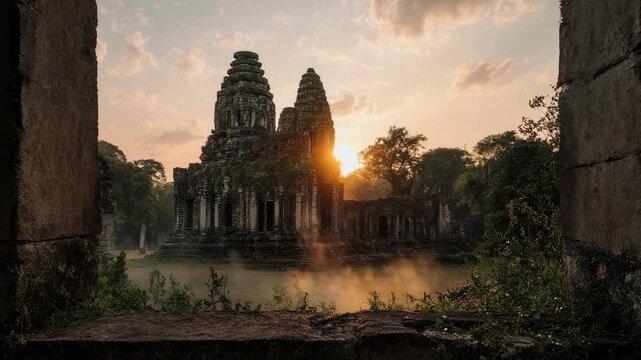 Ancient Temple Ruins at Sunset Cambodia.