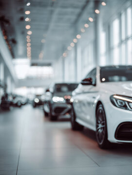 Luxury sedans displayed in a modern bright showroom with large windows and ambient lighting creating an elegant atmosphere for car buyers and enthusiasts