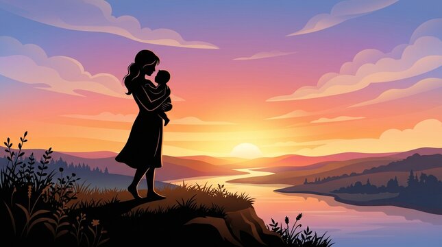 Mother holding baby on cliff overlooking serene lake at sunset