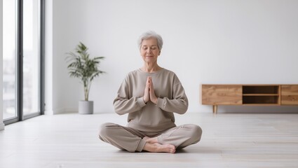Fototapeta premium Senior woman practicing yoga at home