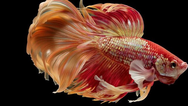 Red betta fish gold fin tail scale macro closeup tropical aquarium pet underwater flowing tail movement black background elegant shimmer detail