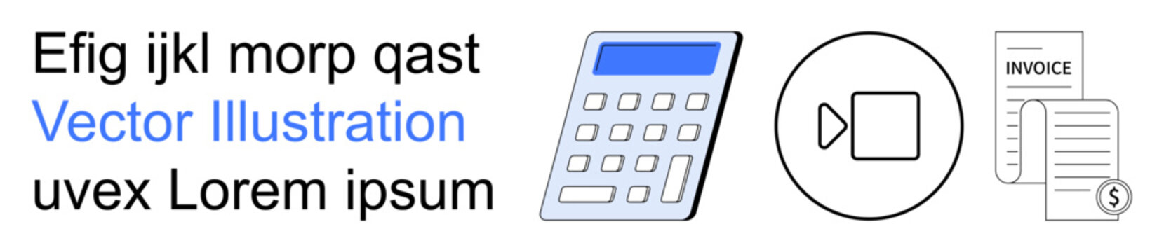 Business planning, digital transactions, media communication, financial management, virtual meetings, e-invoicing. Calculator, video icon and invoice document visuals. Financial management