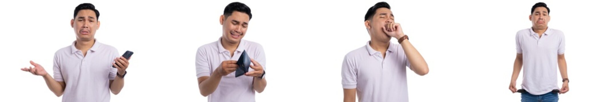 Set of man cutouts showing phone confusion, empty wallet and tired reactions on transparent background