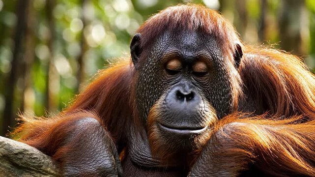 Close-up portrait of a large primate with reddish-brown fur in a natural setting