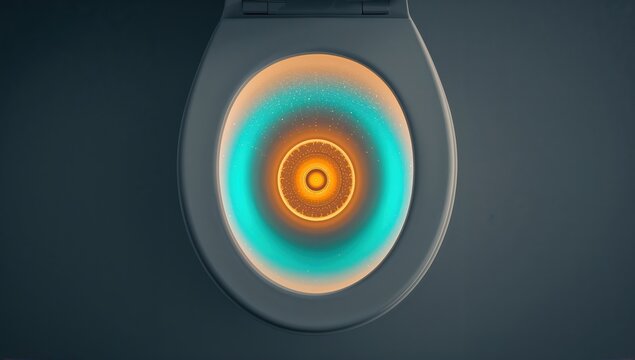 Educational 3d rendering showing microscopic surface contamination on a toilet seat with glowing orange and blue heat mapping effects and circular data graphics