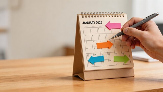 Businessman hand holding pen pointing at desk calendar with colorful arrow sticky notes for January 2025 planning scheduling time management organization deadline strategy concept