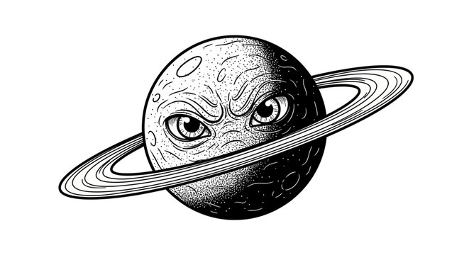 Furious Ringed Planet Illustration, Angry Celestial Body with Scowling Face, Space-Themed Vector Art, Comic Style Graphic Design Element.
