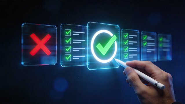 Hand holding stylus pen selecting glowing green checkmark on futuristic digital interface with red cross and checklist icons for business approval process and technology concept
