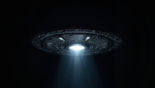 A highly detailed grey metallic saucer-shaped spacecraft floating in a pitch black void with a luminous central light projecting a misty beam