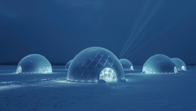 Cluster of illuminated glass domed igloos on a snowy arctic landscape at night with mystical light rays and falling stars in a deep blue atmosphere
