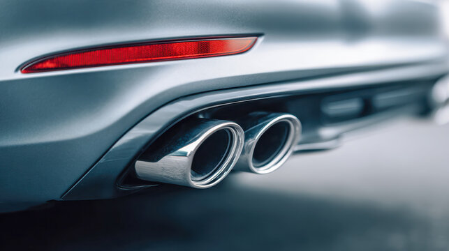 Dual chrome exhaust pipes on a modern car?s rear bumper reflecting ambient light with a blurred background and a red rear reflector visible above