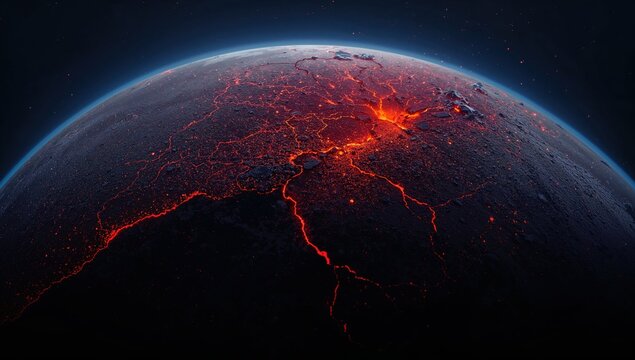 Highly detailed planet earth from outer space at night with bright orange city lights and glowing data nodes representing global communication