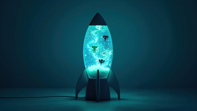 Low angle view of a vintage style spacecraft motion lamp illuminating a dark space with teal light, featuring floating particles and alien shapes