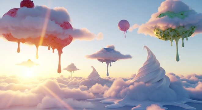 Fantasy landscape of floating desserts in a dreamy sky at sunset