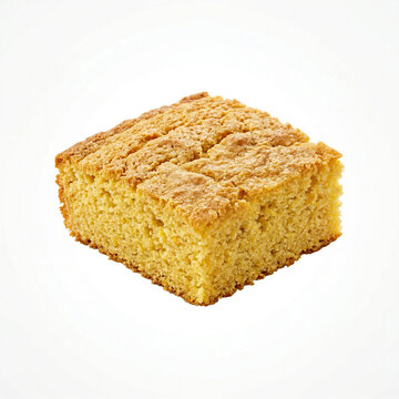 Freshly baked yellow cornbread square on white background  