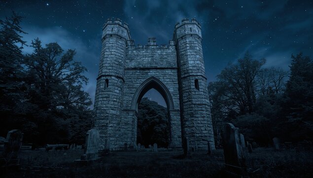 Ancient stone archway ruins with tower battlements stand under a dark blue starry night sky in an eerie desolate forest or graveyard scene at night