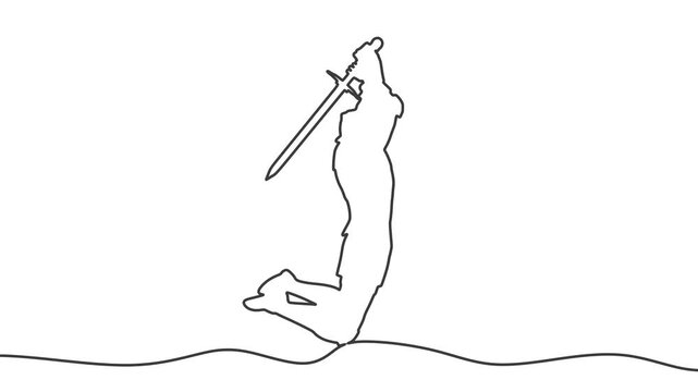 Medieval knight male warrior holding sword. Hero wearing armor. Knight silhouette. Mascot and game element. Protection and security. Continuous line drawing animation.