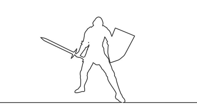 Medieval knight male warrior holding sword and shield. Hero wearing armor. Knight silhouette. Mascot and game element. Protection and security. Continuous line drawing animation.