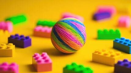 Fototapeta premium Colorful Ball and Lego Bricks on Yellow Background.