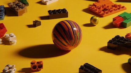 Fototapeta premium Colorful Ball and Toy Building Blocks on Yellow Background.
