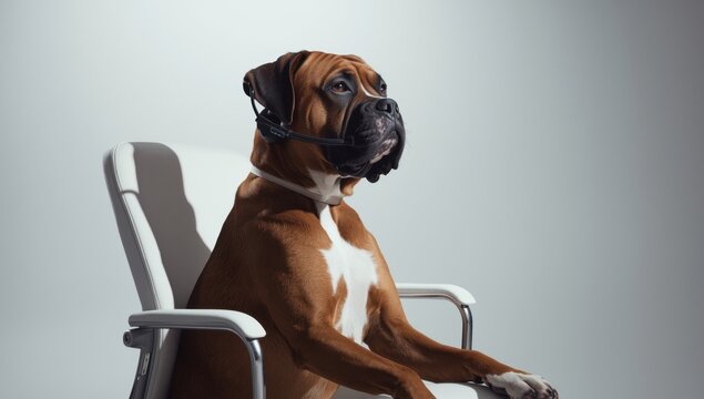 A focused brindle boxer dog wears a black call center headset while sitting upright in a white modern office chair against a plain gray background