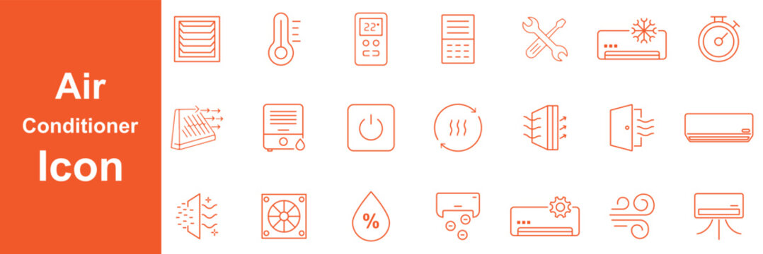Collection of air conditioner and cooling icons with remote control air flow, Heating Systems, Ventilation, Temperature Regulation, Smart Thermostats, Cooling  vector illustration