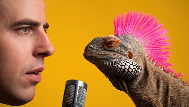 A side profile of a man speaking into a microphone while looking at an iguana with a vibrant pink mohawk against a solid yellow background