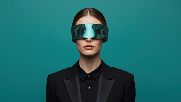 A woman in a black tuxedo jacket with digital headset covering her eyes against a dark teal teal backdrop, conceptualizing high tech innovation