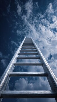 Tall wooden ladder ascending towards a dramatic cloudy sky symbolizing ambition, goals, and reaching new heights in life and success