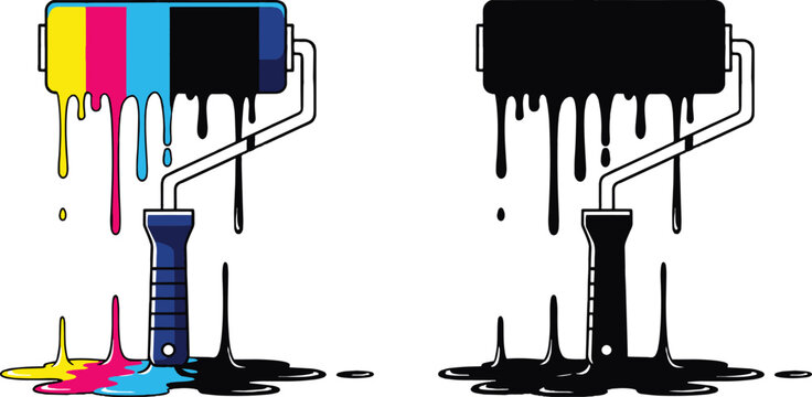 Silhouette of cmyk and black paint rollers with drips