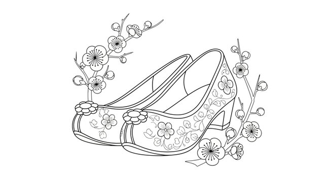 Traditional Korean Shoes (Kkotsin) with Cherry Blossoms - Line Art