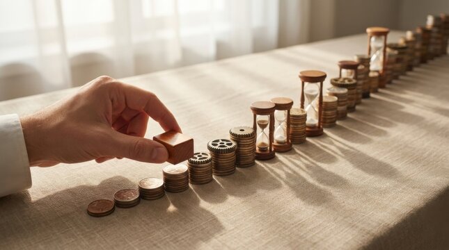Individual engaging in financial growth by methodically stacking coins to enhance customer lifetime value over time