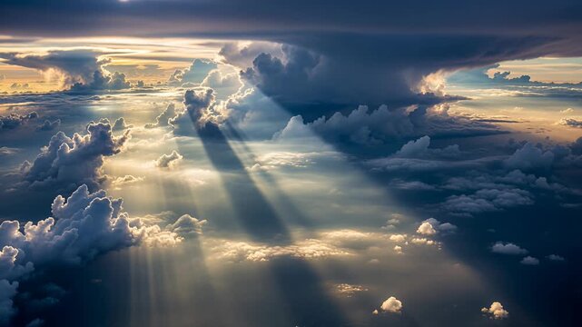 sunbeams through clouds over dramatic sky with golden light