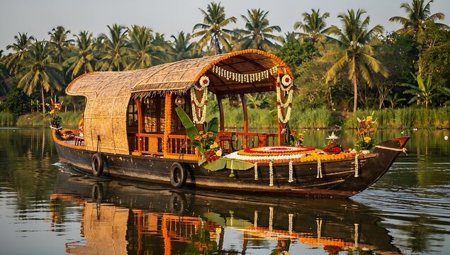 Traditional houseboat decorated with flowers and ornaments floating on backwaters during festival