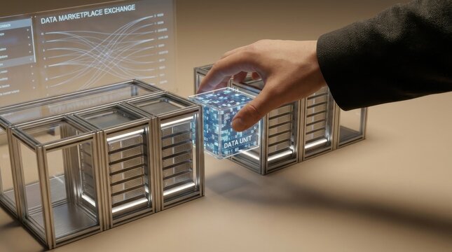 Person's hand touching a 3d model of a building representing data marketplace exchange and digital architecture