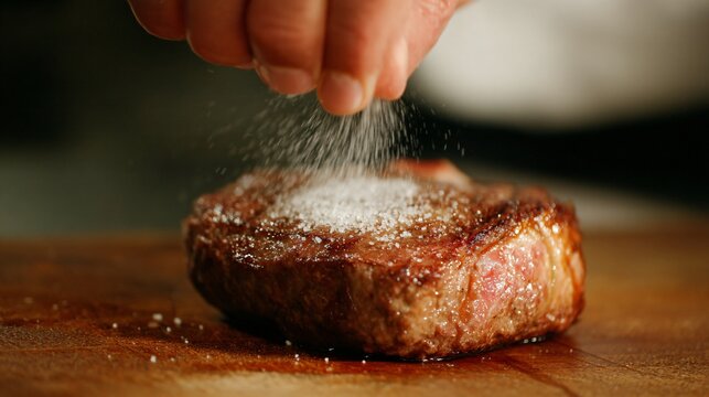 chef seasoning steak with salt, culinary arts action shot