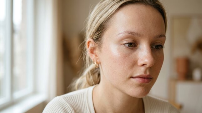 A woman with blonde hair sitting in a chair, wearing a white top, looking out a window with a neutral expression.