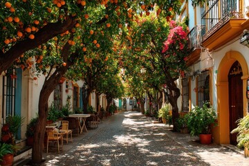 Obraz premium Charming cobblestone alley lined with orange trees and flowering bushe
