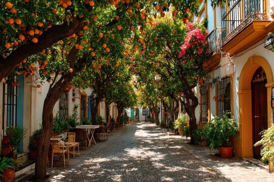 Charming cobblestone alley lined with orange trees and flowering bushe